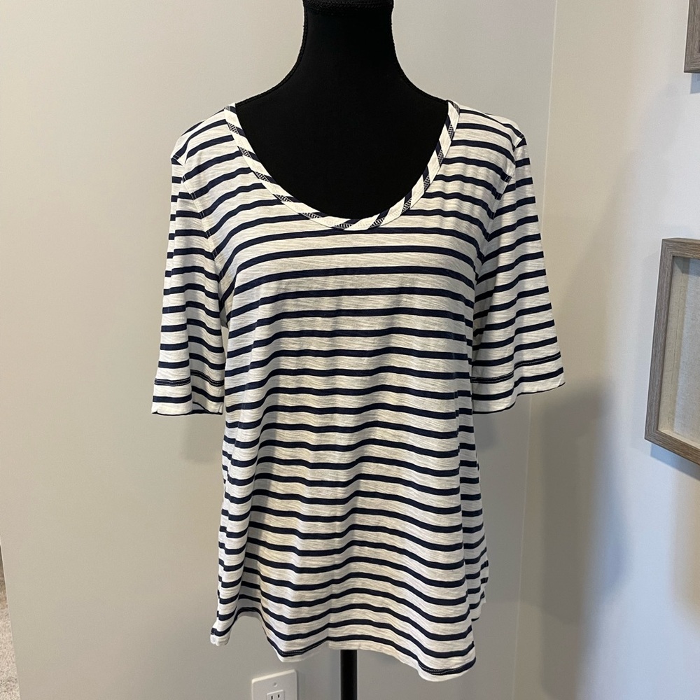 Denver Hayes Nautical Blue & White Striped Artisan Cotton Tee EUC